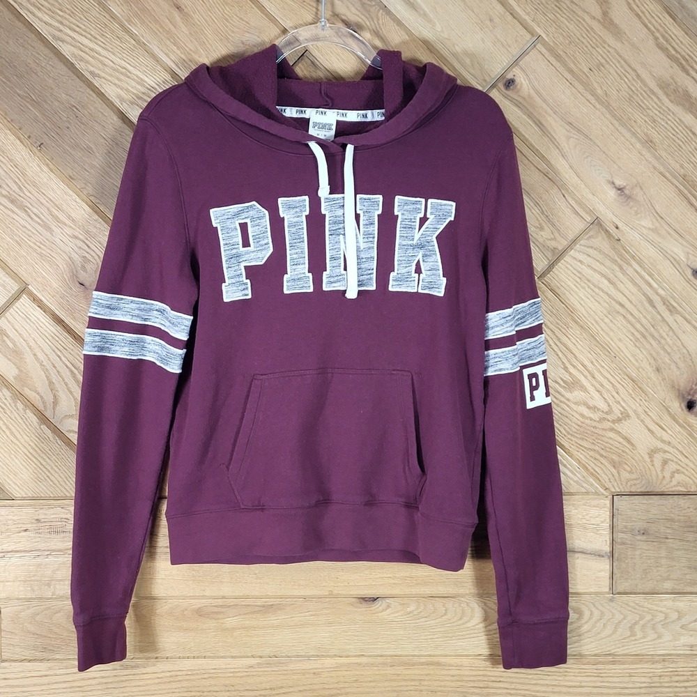 Pink Victoria's Secret Hoodie Women Medium Logo Pullover Maroon Kangaroo Pocket